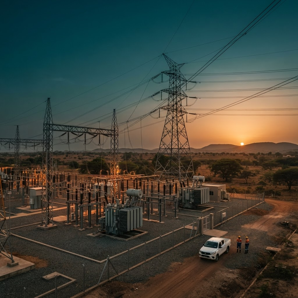 Electrical grid transmission infrastructure at golden hour